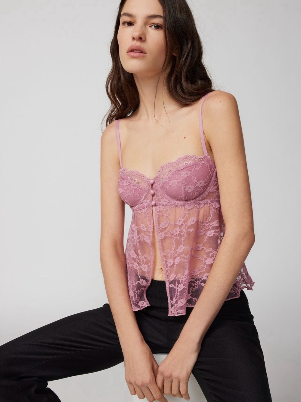 UO Sheer Lace Babydoll Chemise in Mauve Pink